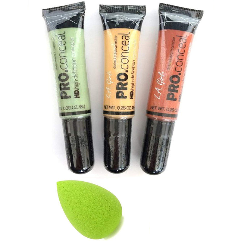 L.A. Girl HD Pro Conceal Set Orange, Yellow, Green Correctors With Tweezty® Beauty Makeup Blender - Hair Crown Beauty Supply